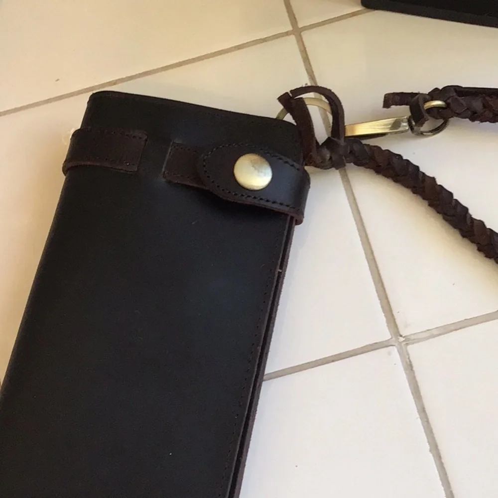 Vintage 80s Long Biker Leather Wallet/Braided Strap